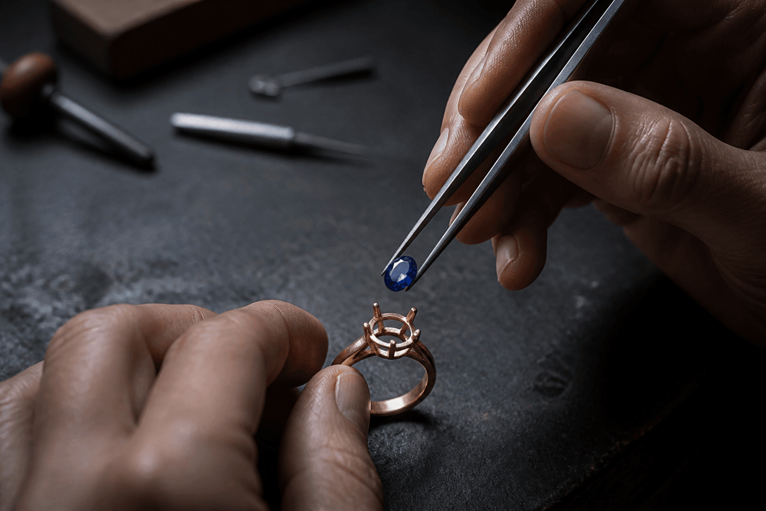 A jeweller setting an oval sapphire into a gold ring