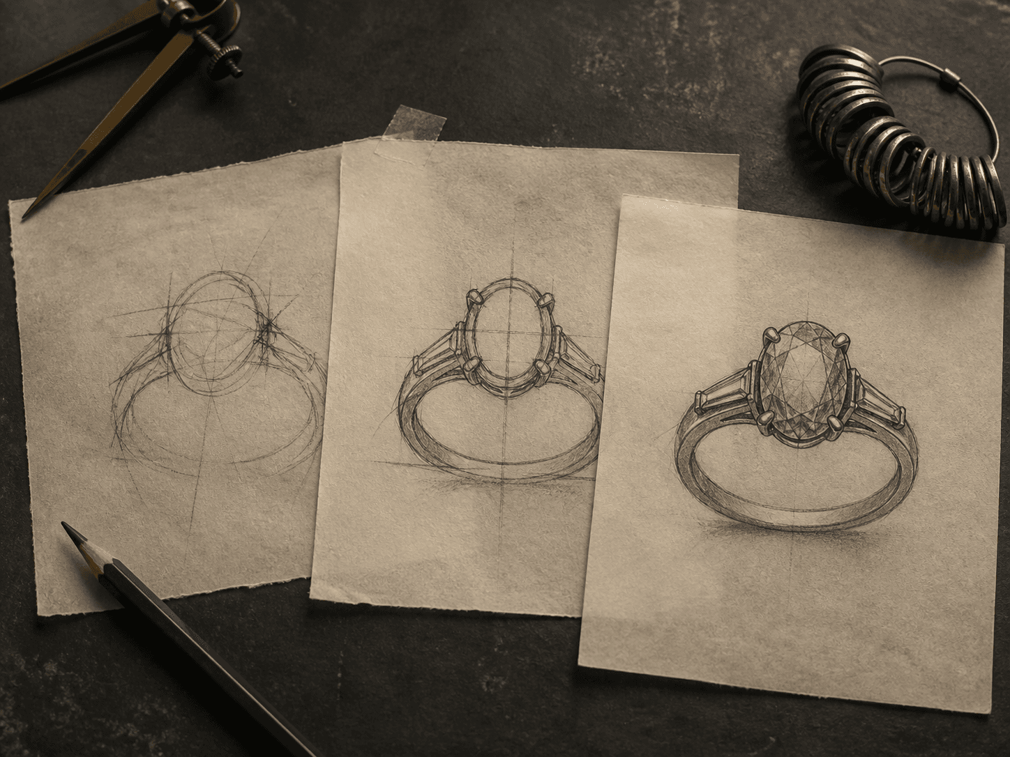 Three progressive sketches of the same sapphire ring design
