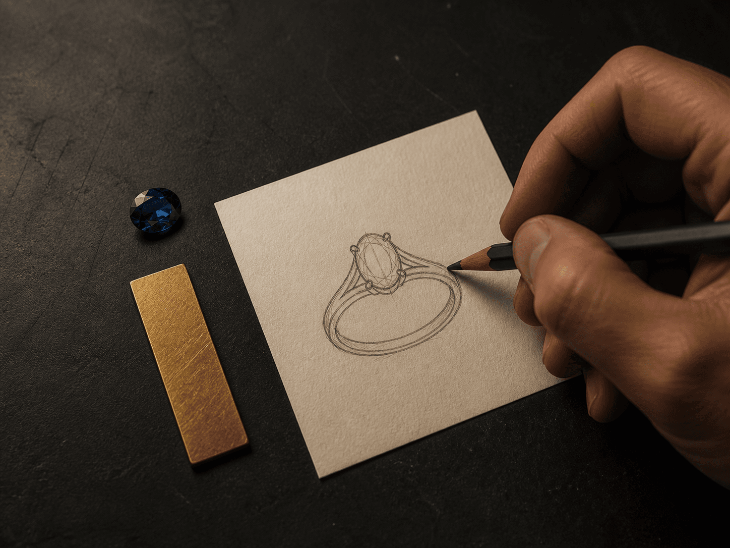 A jeweller sketching an initial sapphire ring concept
