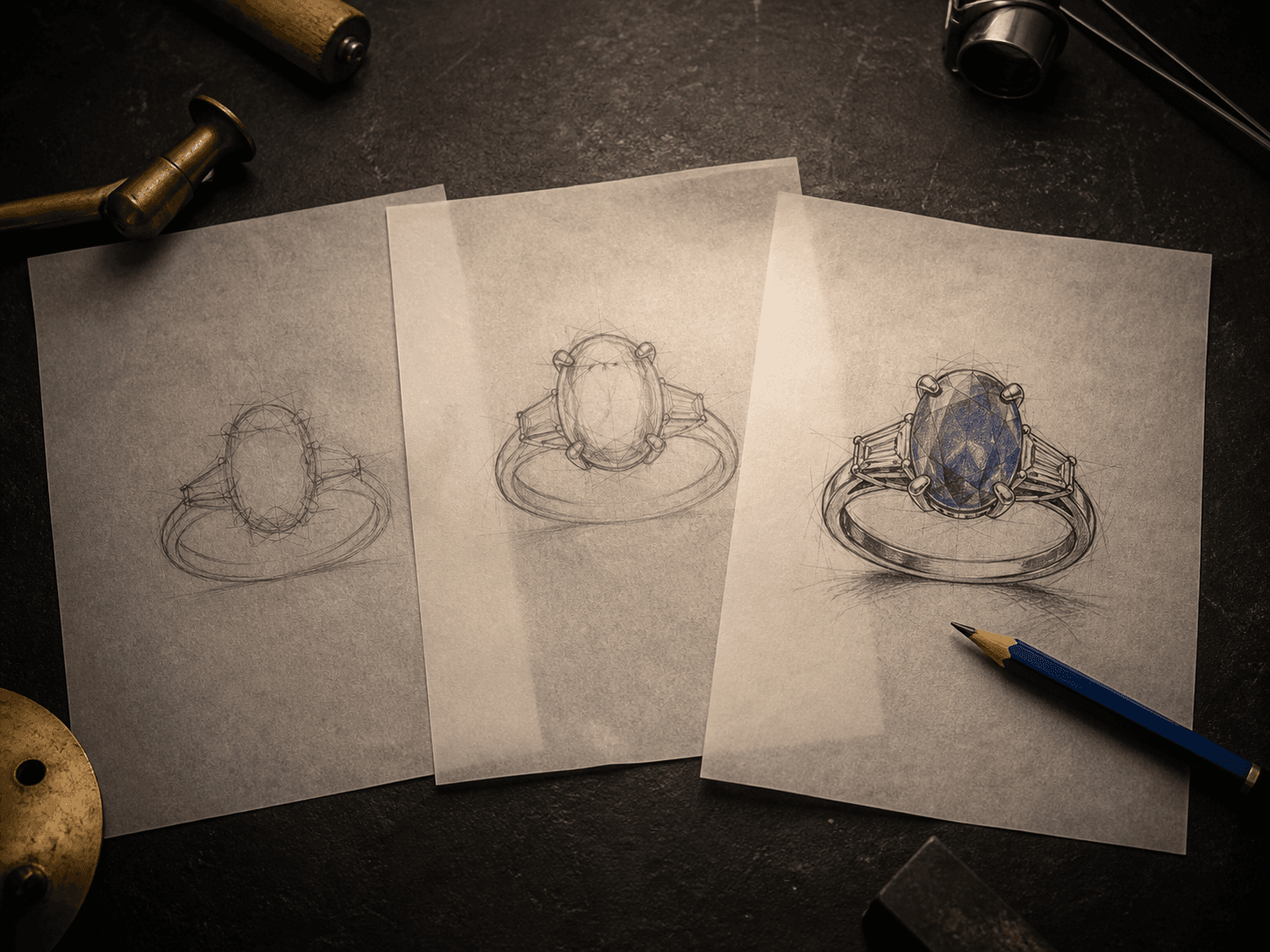 Three progressive sketches of a sapphire ring design
