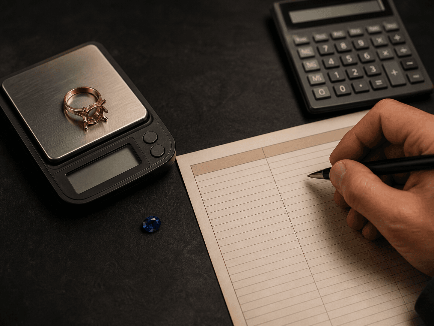 A gold ring setting being weighed beside a costing worksheet